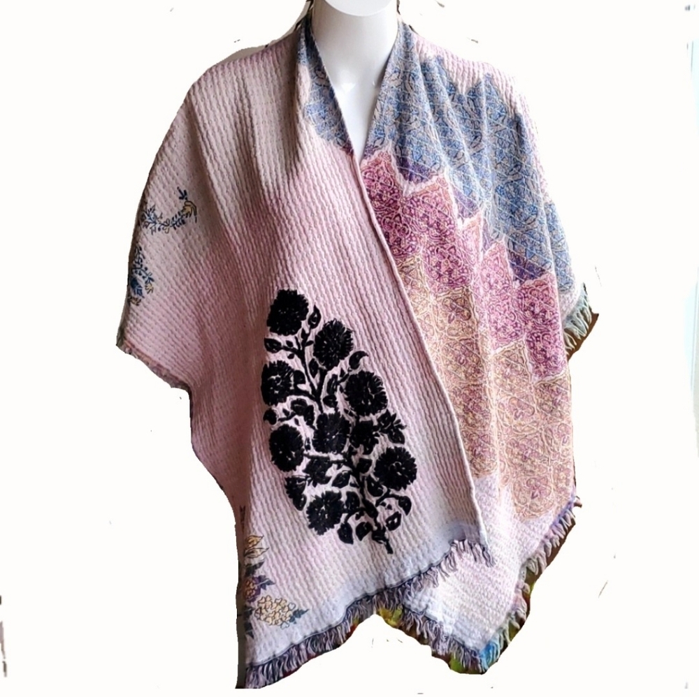 Rare Anthropologie Bohemian Floral Reversible Open Poncho Multicolor Throw O…